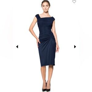 TADASHI SHOJI  DRAPED MESH COCKTAIL DRESS. LARGE COLOR INDIGO.